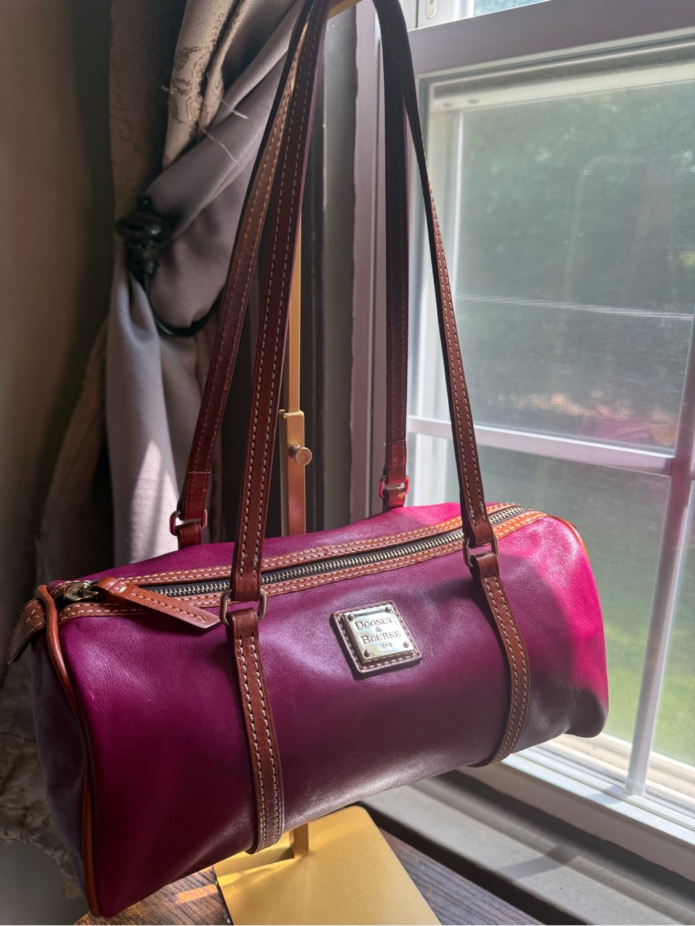 Dooney & Bourke Fuchsia Leather Barrel Shoulder Bag with Brown Trim